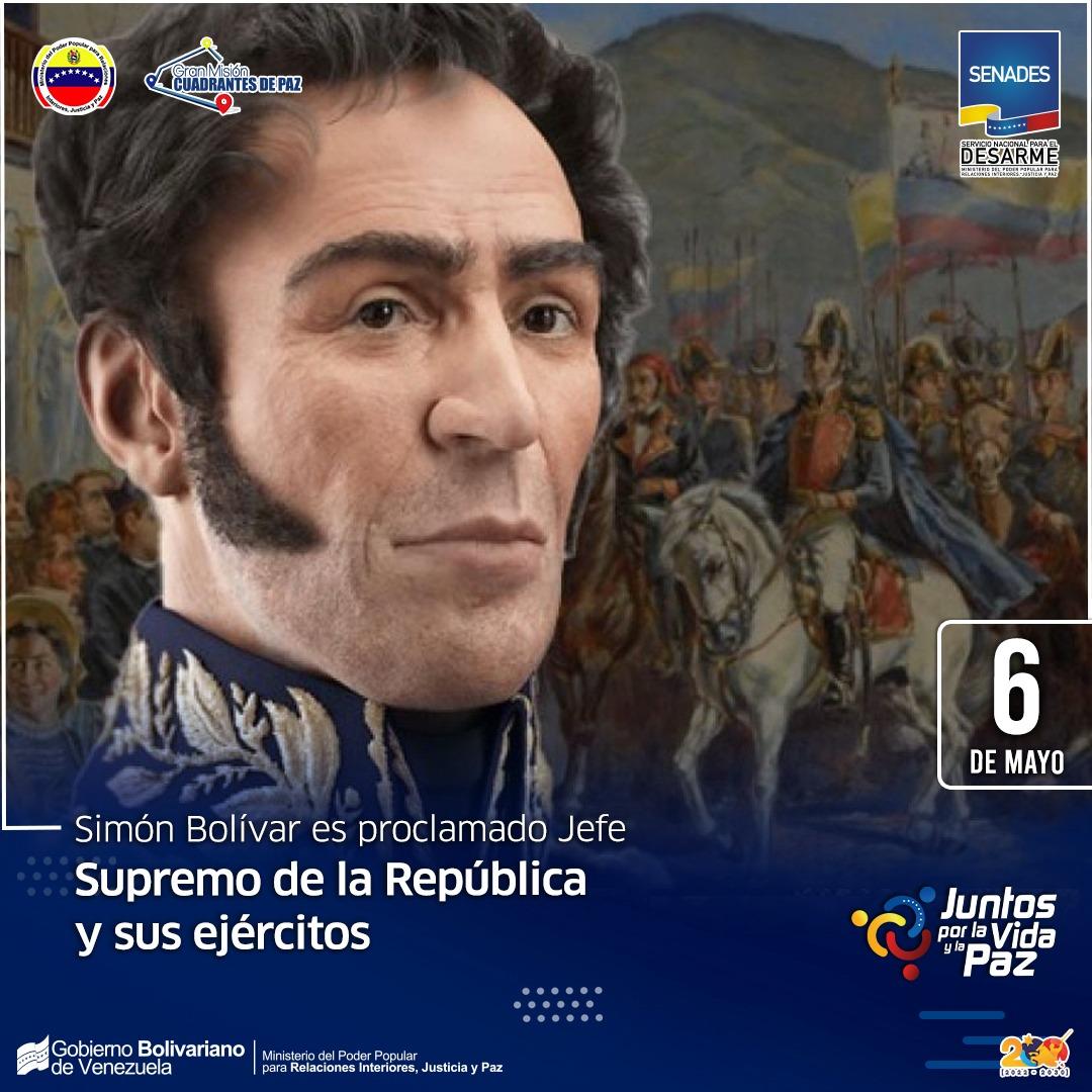 #6Mayo/ EFEMÉRIDE Un 6 de Mayo, de 1816, Simón Bolívar fue nombrado jefe supremo de la Repúbllica y sus Ejércitos, tras su victoria en la batalla naval de Los Frailes. Su proclamación significó el inicio de la tercera República de Venezuela.

#unióndelospueblos