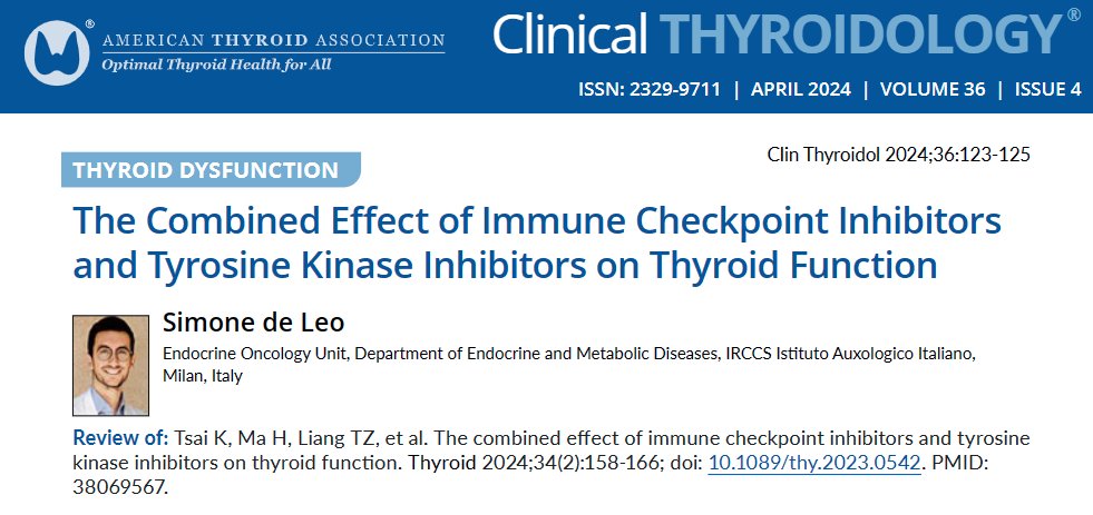 Ready to read: Dr. Simone de Leo reviews data in #ThyroidJournal on the effect of combining #ImmuneCheckpointInhibitor & #TKIs on #Thyroid function.

ow.ly/2NBB50Ru7Wc 

#endotwitter #medtwitter #thyroidawareness #PD1 #immunotherapy #TSH #hypothyroidism #irAE