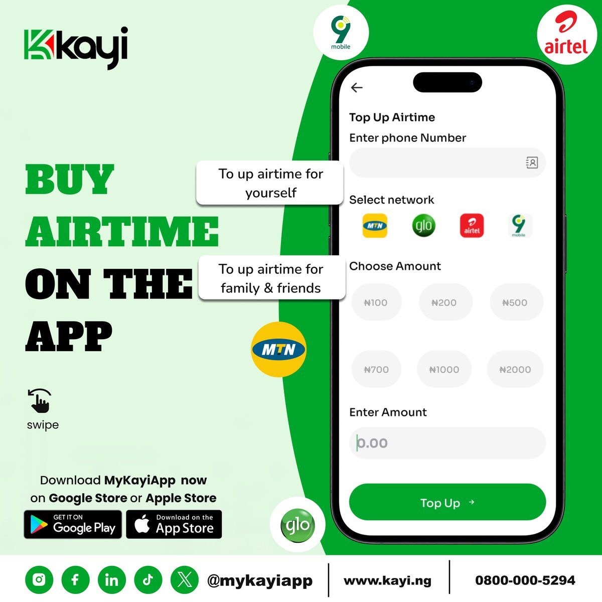 Stay connected effortlessly with Kayiapp's instant airtime top-up feature! Whether it's for a quick chat or catching up with loved ones, top up your airtime in seconds. Convenience at your fingertips!

#AirtimeTopUp
#Mykayiapp
#Kayiway
#Digitalbanking