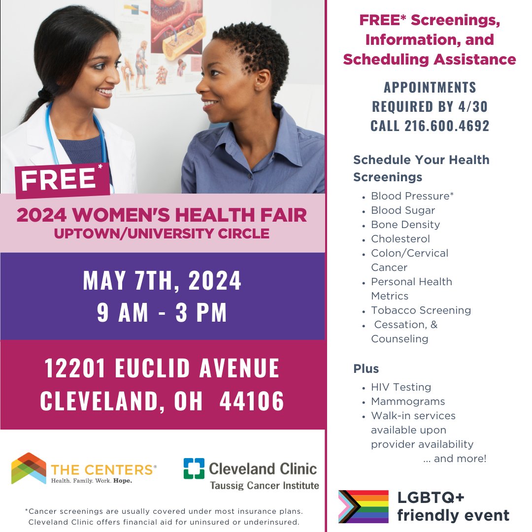 Don’t forget about your appointment for our FREE* Women’s Health Fair event at Uptown/University Circle, tomorrow, May 7th. Can’t make it? Register for next week’s event at West Park United Church of Christ by calling 216-600-4692 or visit: thecentersohio.org/services/women…