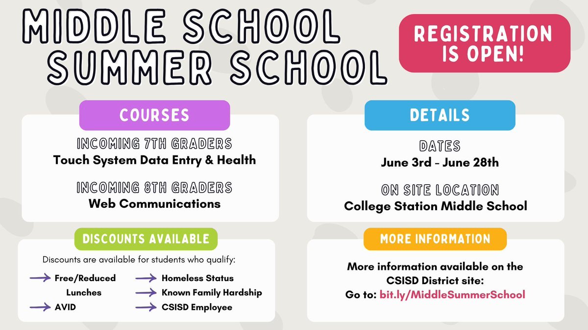 🌞☀️ Don't let summer sneak up on you! 🌞☀️ Families, remember to register for summer school now! It's a great opportunity for students to free up their schedule by taking required classes. Check out the CSISD summer school website for more info. #WMSwarhawks #successCSISD