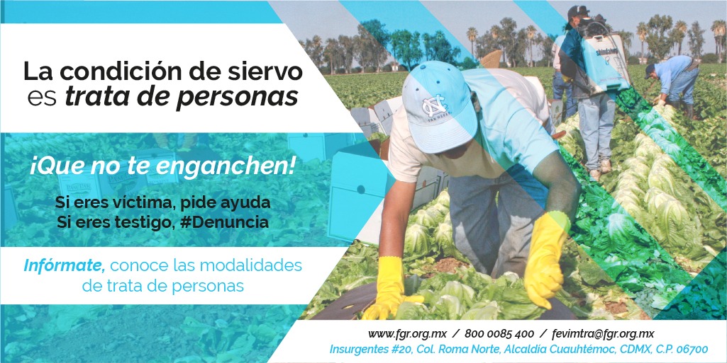 La condición de siervo es otra de las caras de la #TrataDePersonas. Quien tenga a una persona en esta situación será sancionado con pena de 5 a 10 años de prisión. #Denuncia  #FEVIMTRA