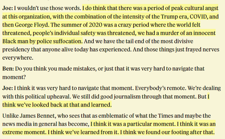 Terrifying part of the Joe Kahn interview: He evidently thinks the NYT under Baquet overreacted to the BLM summer, but he has now righted things. semafor.com/article/05/05/…