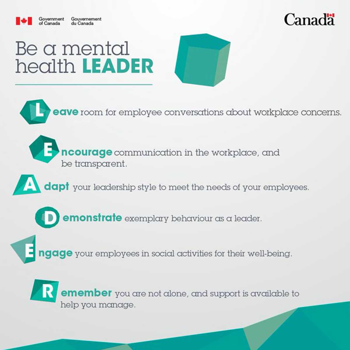 Healthy, safe work environments are important. Check out the “Be a mental health LEADER” site for ideas to put this into practice during #MentalHealthWeek (May 6-12): ow.ly/ib3E50Rxr90 #CompassionConnects