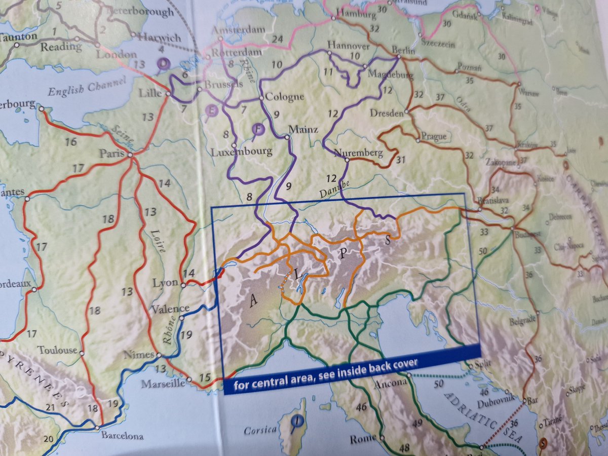 47) A reminder of our route, inspired by the brilliant book @EuropeByRail  by NG & SK. We would follow Route 9 up the Rhine Valley to Zurich & then Route 40 over the spectacular Bernina Pass to Italy. Also, many thanks to @MrRichardC for showing me this was possible & advice.