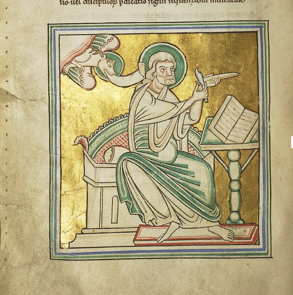 Portrait of Mark the Evangelist sharpening his quill The John Rylands Library, Latin MS 11; the 'Dinant Gospels'; middle of the 12th century; Flanders; f.58v @TheJohnRylands