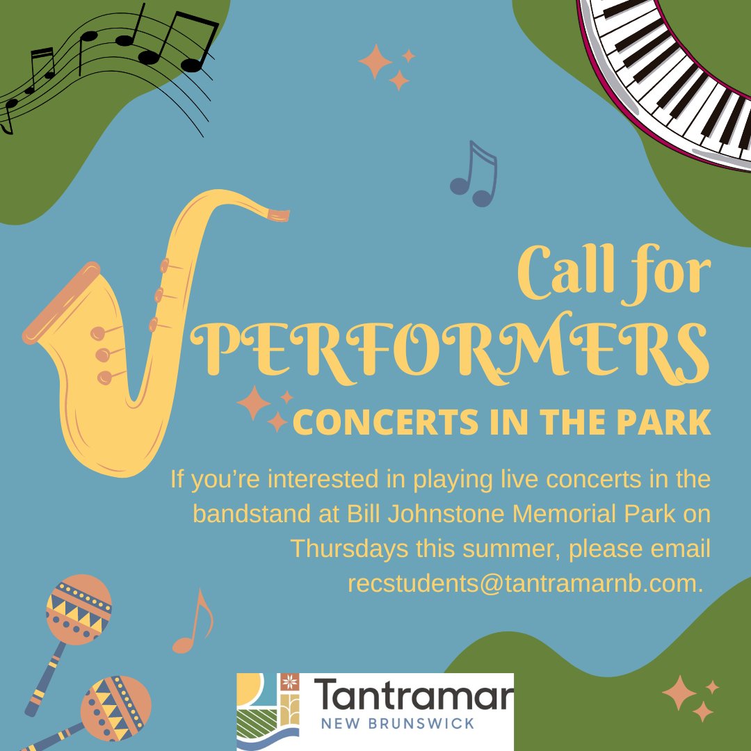 🎸🎤 Calling all musicians! Play live at our Concerts in the Park this summer at Bill Johnstone Memorial Park! 🌳

📅 Thursdays This Summer
📧 Interested? Email recstudents@tantramarnb.com to apply. Let's fill the air with great music! 🎶

#LiveMusic #SackvilleNB #TantramarMusic