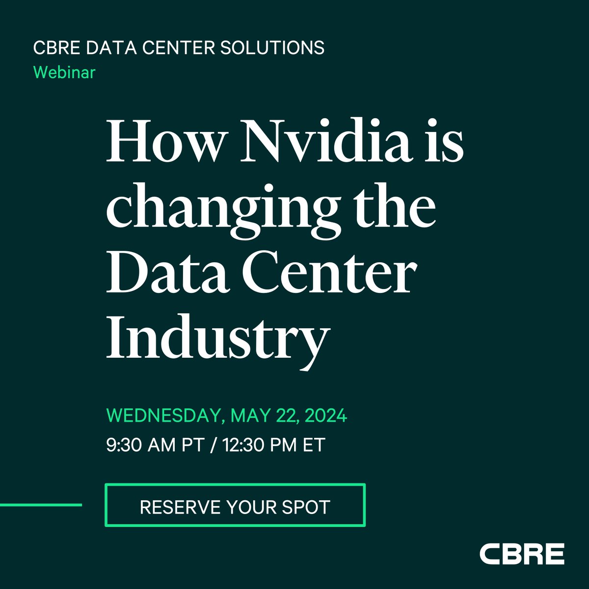 Join the #CBRE Data Center Solutions team on May 22nd for an engaging discussion on how @nvidia’s technology is changing the way #DataCenters are built and operated across the globe. Reserve your spot: cbre.co/3UtxWX0