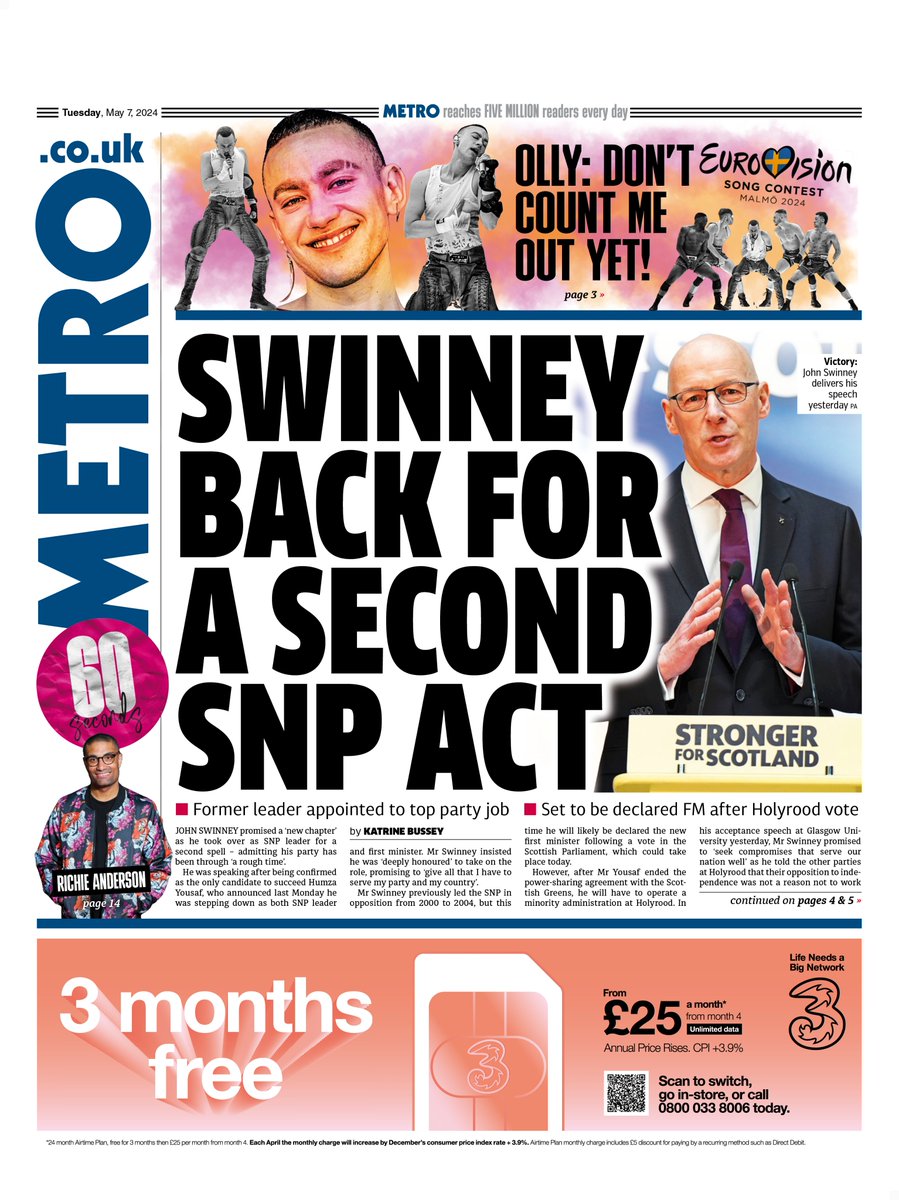 Tuesday's front page
                                           
SWINNEY 
BACK FOR
A SECOND 
SNP ACT                 

🔴Former leader appointed to top party job 
🔴Set to be declared FM after Holyrood vote

#scotpapers #skypapers #bbcpapers