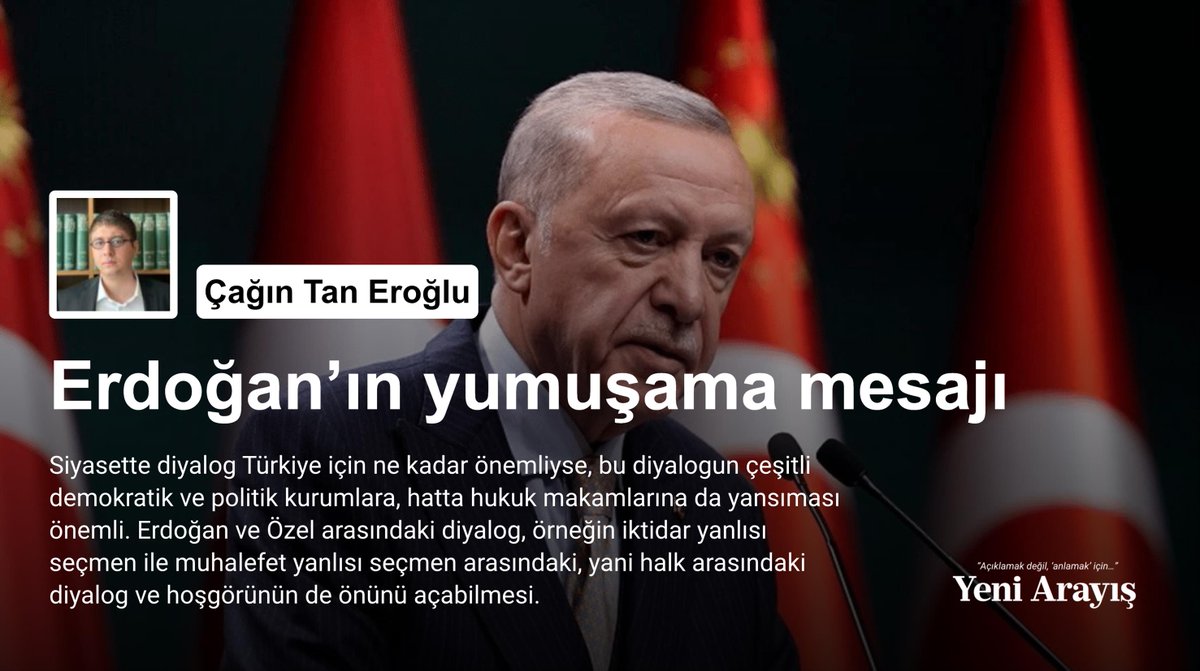 Erdoğan’ın yumuşama mesajı ❝ Nitekim Türkiye’nin belki de en çok özlediği şey de zaten diyalog ortamının ta kendisi. ❞ ✍️ Çağın Tan Eroğlu (@eroglucagint) yazdı. Okumak için ➡️ yeniarayis.com/cagintaneroglu…