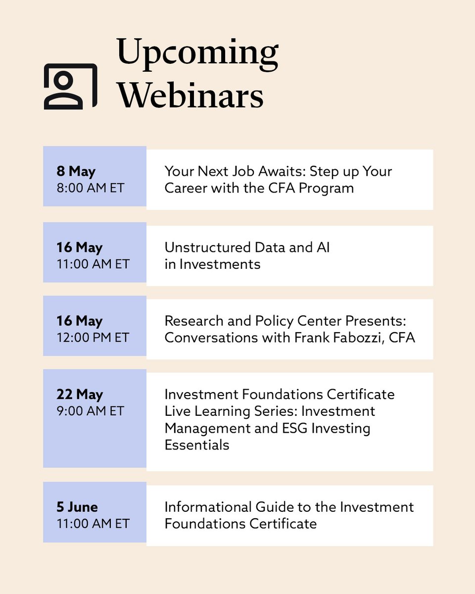 Mark your calendar for these May webinars! Gain valuable insights into the latest industry developments on artificial intelligence, discover emerging trends, explore the fundamentals of ESG investing, and more. Register: cfainst.is/3trtqil #CFAInstituteEvents