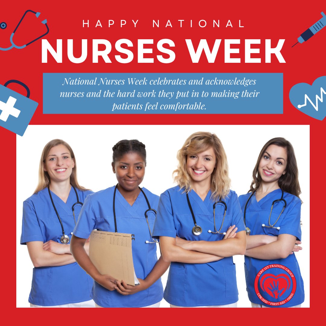 👩⚕️👨⚕️ Happy National Nurses Week to our incredible healthcare heroes! 🌟 Your dedication, compassion, and resilience inspire us every day. Thank you for your unwavering commitment to care. 💖 #Care1stCPR #Care1stTrainingGroup #NationalNursesWeek #HealthcareHeroes