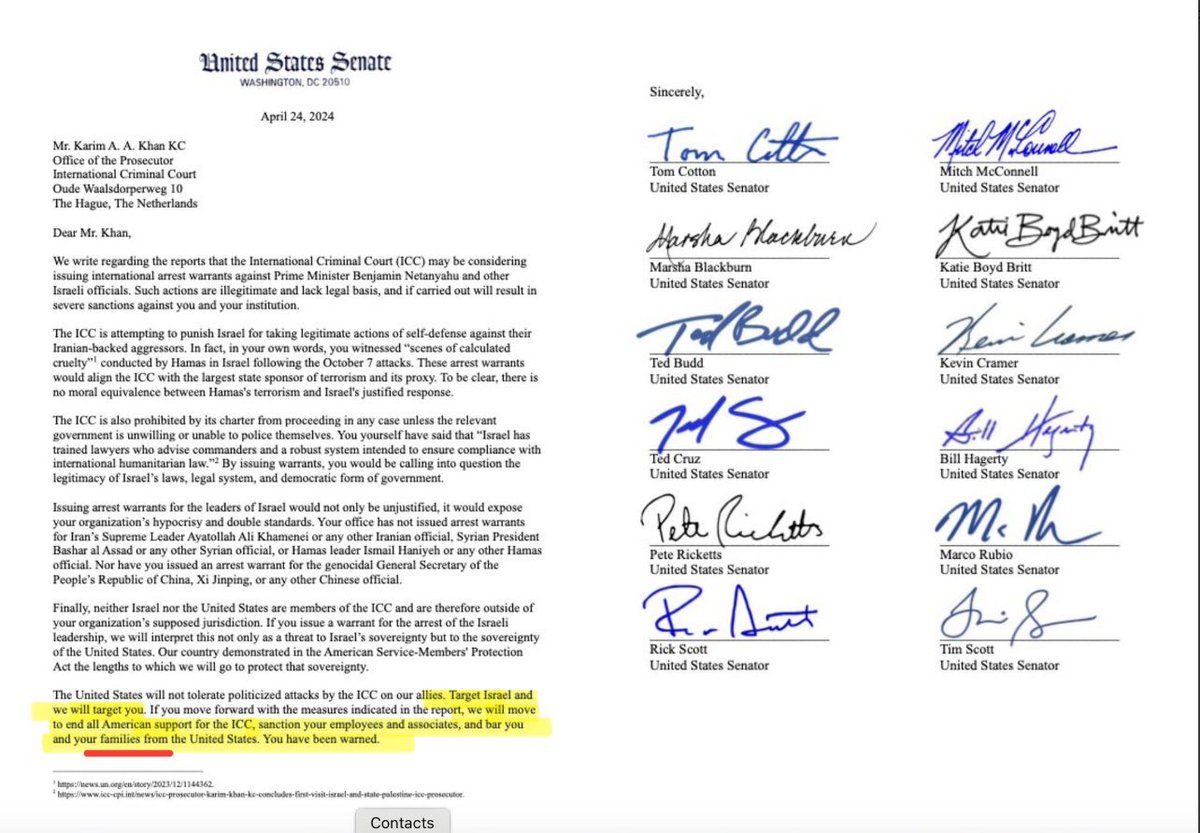 US Senators threatening the International Criminal Court in hope of dissuading them from investigating possible war crimes by Israel and Hamas is an appalling interference in the legal process. ICC has powers to prosecute those threatening ICC staff. I hope they use it here