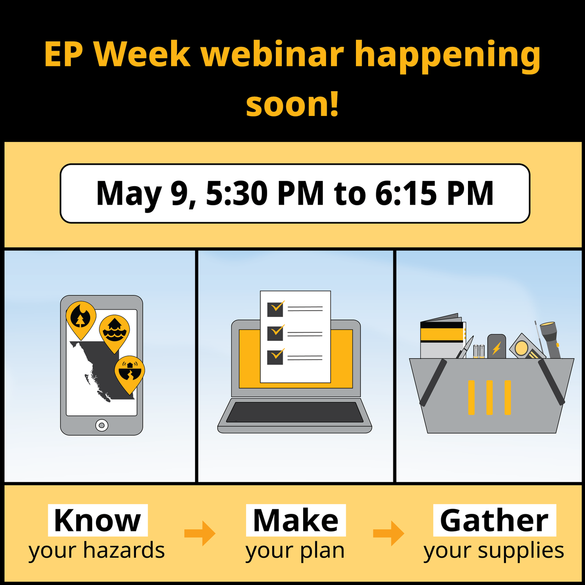 Emergency Preparedness Week is here! Join our webinar on May 9, 2024 at 5:30PM (PDT) to learn about: Emergency preparedness ✔️ And some exciting new resources ✔️ All participants will be entered to win a 4-person emergency kit! Register here: ow.ly/zhW450RvgCY