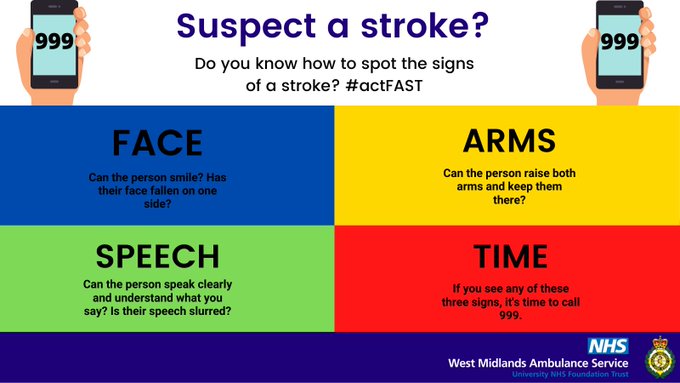 #DidYouKnow : A stroke is a brain attack & happens when the blood supply to part of your brain is cut off. Would you know how to spot the signs of a possible stroke?🤔 F - FACE - droopy? A - ARM - unable to lift? S - SPEECH - slurred? T - TIME to call 999 #ActFAST