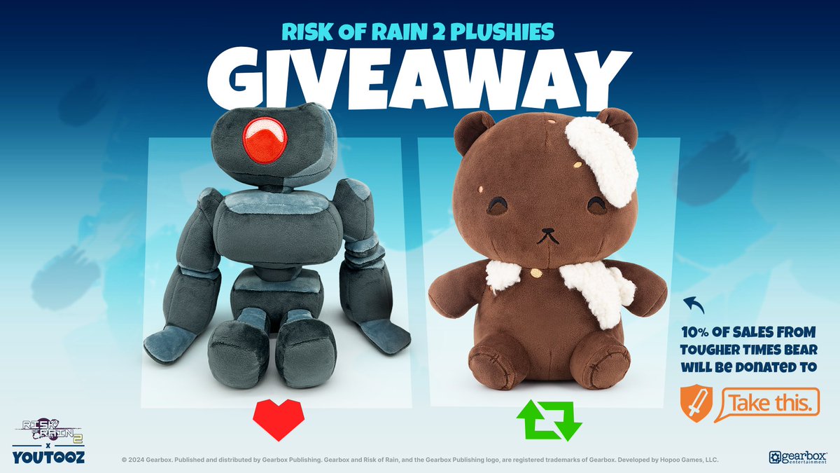 want to win the new risk of rain 2 plushies? now is your chance 👇 to enter 🔁 for tougher times bear 💟 for stone golem 3 winners for each plushie announced friday 🧸