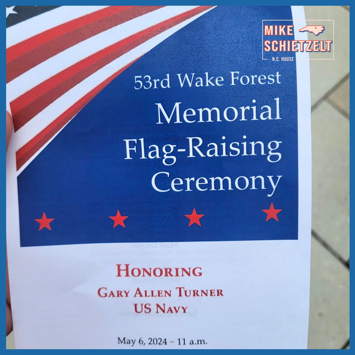 This morning, the Town of Wake Forest honored the service and sacrifice of Gary Allen Turner. I am so grateful to the Turner family for allowing us to honor Gary and I'm glad to live in a Town that honors its veterans. #ncpol #HD35