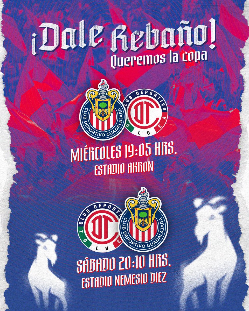 🚨 HORARIOS CONFIRMADOS 🚨

¡Nos vemos el miércoles en el @EstadioAKRON y el sábado en Toluca por el pase la Semifinal! 🔴⚪️

#DaleRebaño 🐐