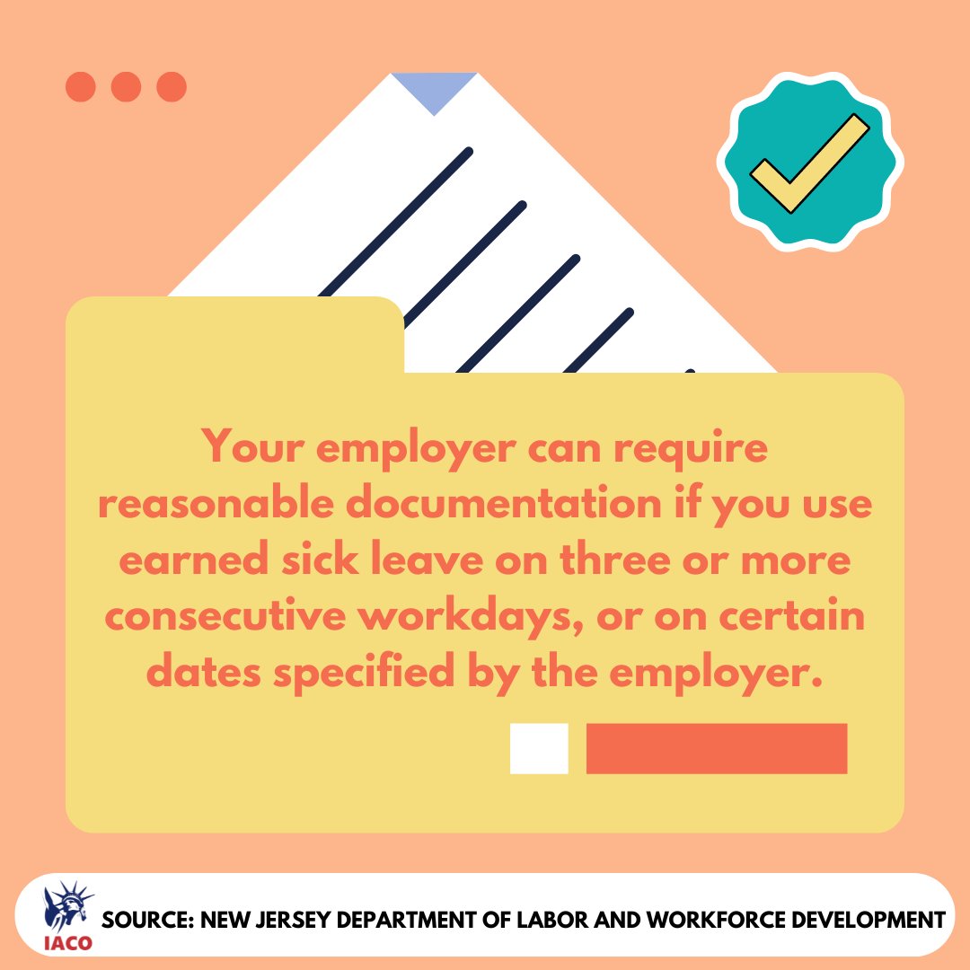 Reminder: Your employer can only ask for documentation when you've used three or more consecutive days of earned sick leave.
 
#newjersey #socialservices #earnedsickleave #resources #workrights #rights #employer #laborrights #esl