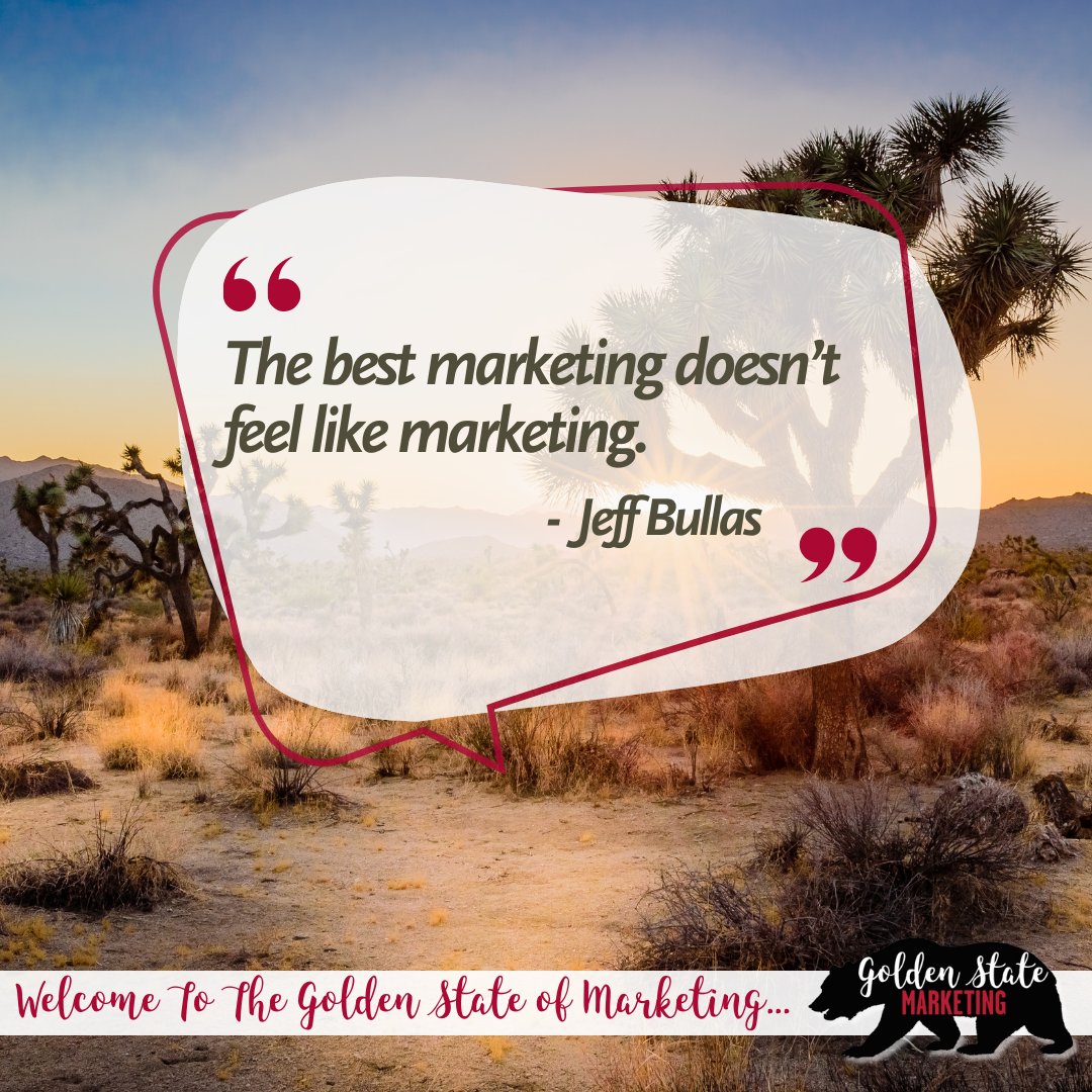 The best marketing doesn't feel like marketing at all! Let's craft campaigns that resonate, engage, and entertain without feeling pushy. 

#GoldenStateMarketing #MarketingMonday #marketing #marketingstrategy #marketing101 #marketingagency #smallbusinessowners #marketingoverwhelm