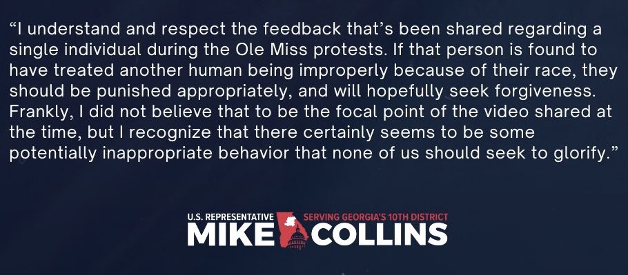 Rep. Mike Collins attempts to explain why he tried to make a hero out of the racist behavior of the Ole Miss frat boi who has been kicked out of his fraternity.