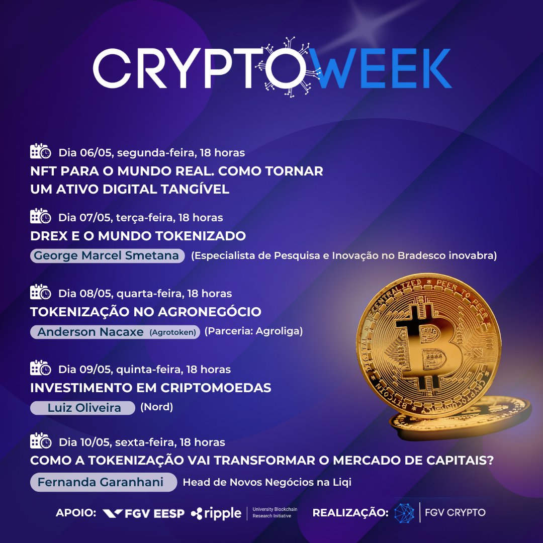 CryptoWeek | A Cryptoweek é uma semana na qual a FGV Crypto realiza uma série de eventos com o objetivo de desmistificar cripto-ativos e a tecnologia de blockchain para todos aqueles que ainda tem dúvidas. Acesse a agenda e se inscreva: bit.ly/3QkbL4s