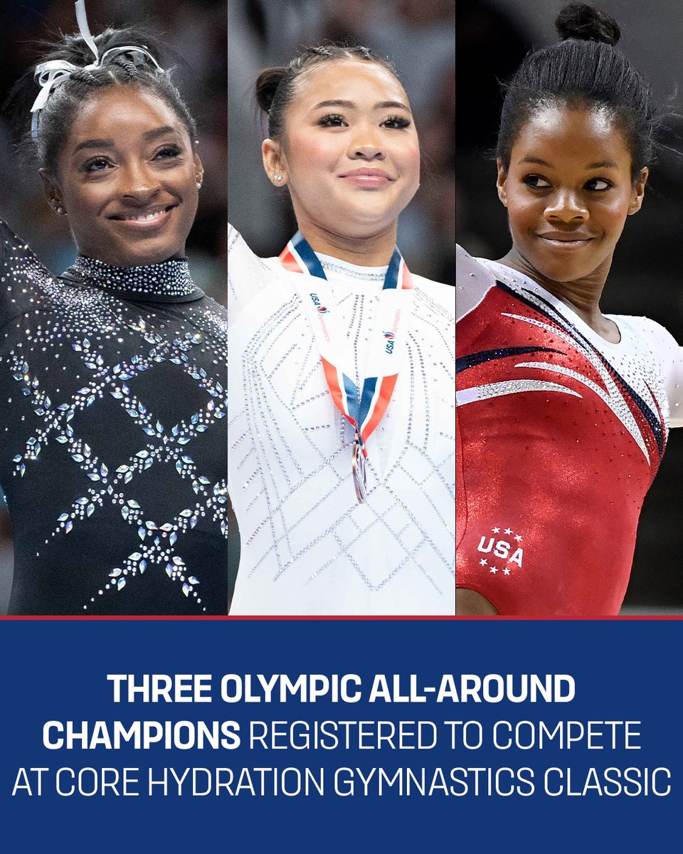 NBCOlympics's tweet image. Simone Biles, Suni Lee and Gabby Douglas are all registered to compete at the Core Hydration Gymnastics Classic on May 18.

It’s set to be the first gymnastics meet EVER to feature three Olympic all-around gold medalists. 🏅🏅🏅