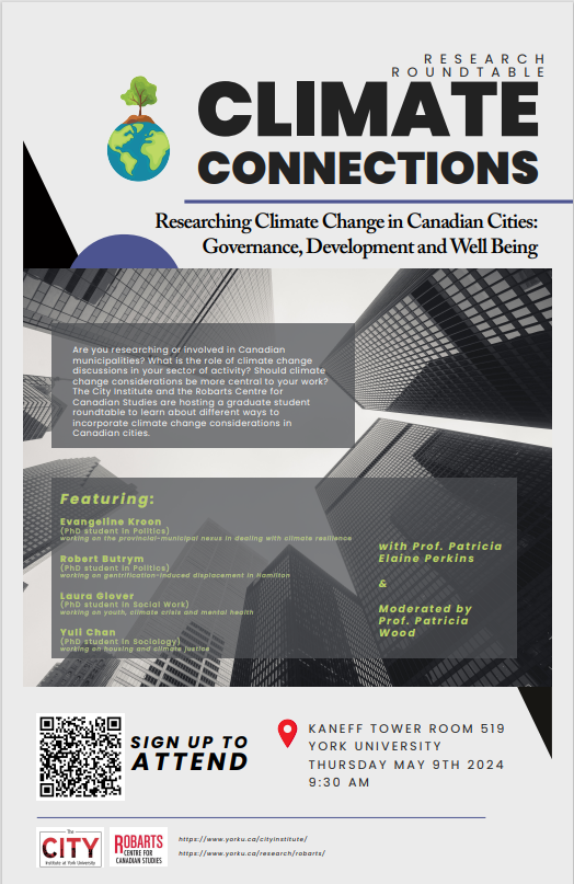 The CITY Institute and the Robarts Centre for Canadian Studies presents: 'Research Roundtable Climate Connections: Researching Climate Change in Canadian Cities' 📅: Thursday May 9th ⏰: 9:30 AM 📍: Kaneff Tower 519 Register at: docs.google.com/forms/d/e/1FAI… yorku.ca/cityinstitute/…