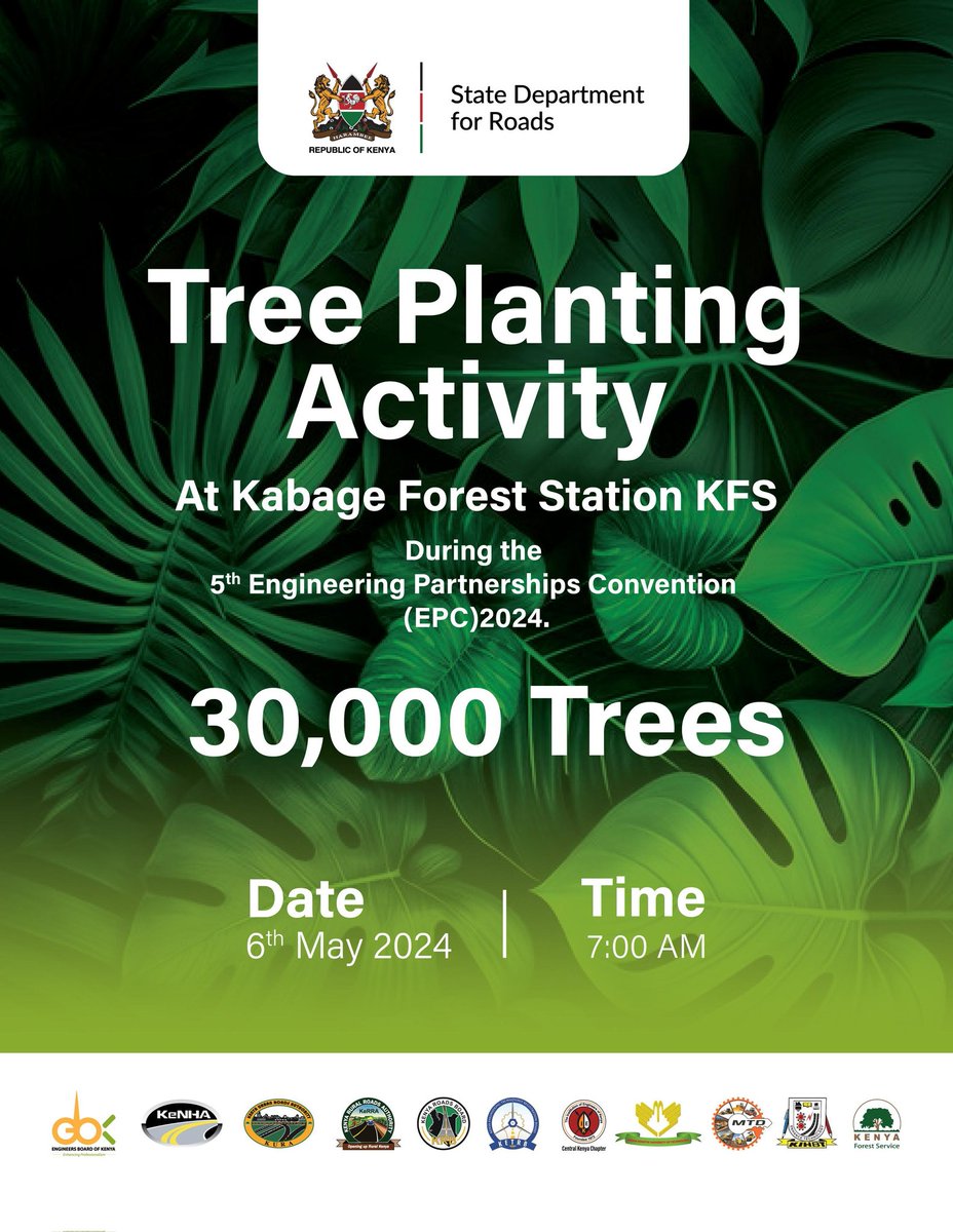 The State Department for Roads and its Agencies planted 30,000 trees at Kabage Forest Station in Nyeri County. @Roads_KE in conjunction with the @KeForestService led staff from both Nyeri regional office and the Agencies to plant trees.