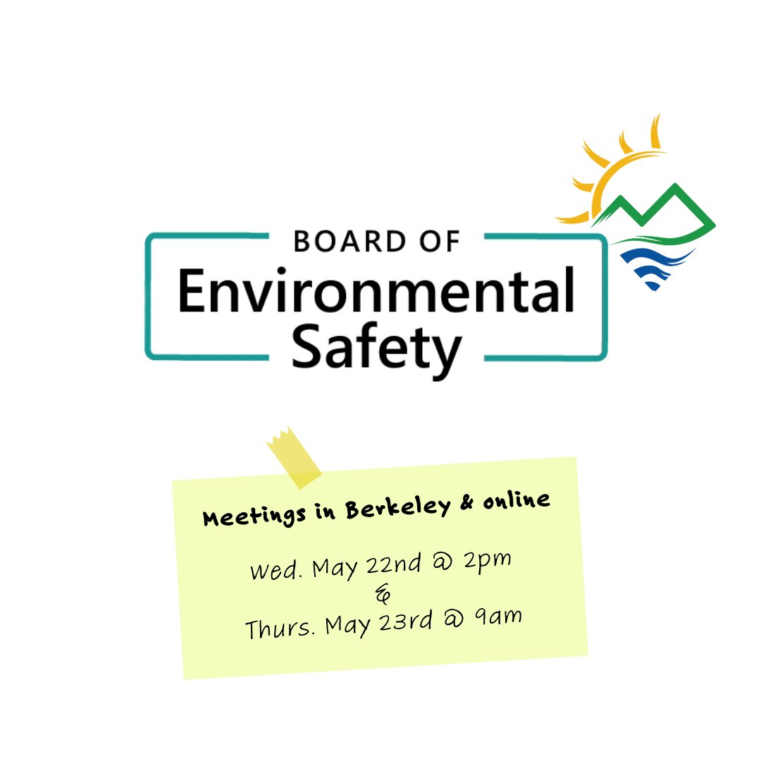CaliforniaDTSC's tweet image. Join us @ the Board of Environmental Safety (BES) meeting Wed 5/22 @ 2pm &amp;amp; Thurs 5/23 @ 9am in the #DTSC Regional Office Auditorium in #BerkeleyCA. 

📍700 Heinz Avenue, Suite 200, Berkeley, CA 94710

RSVP &amp;amp; access meeting info here: bes.dtsc.ca.gov/next-meeting/