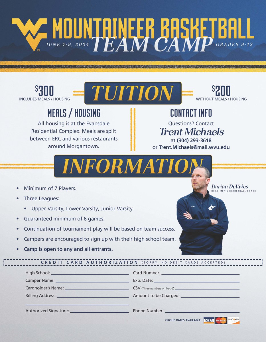 🏀 𝐓𝐄𝐀𝐌 𝐂𝐀𝐌𝐏 High school coaches -- we have spots remaining for high-level, summer competition on campus! 📅 June 7-9 🎒 Grades 9-12 See flyer for registration information ⤵️ #HailWV