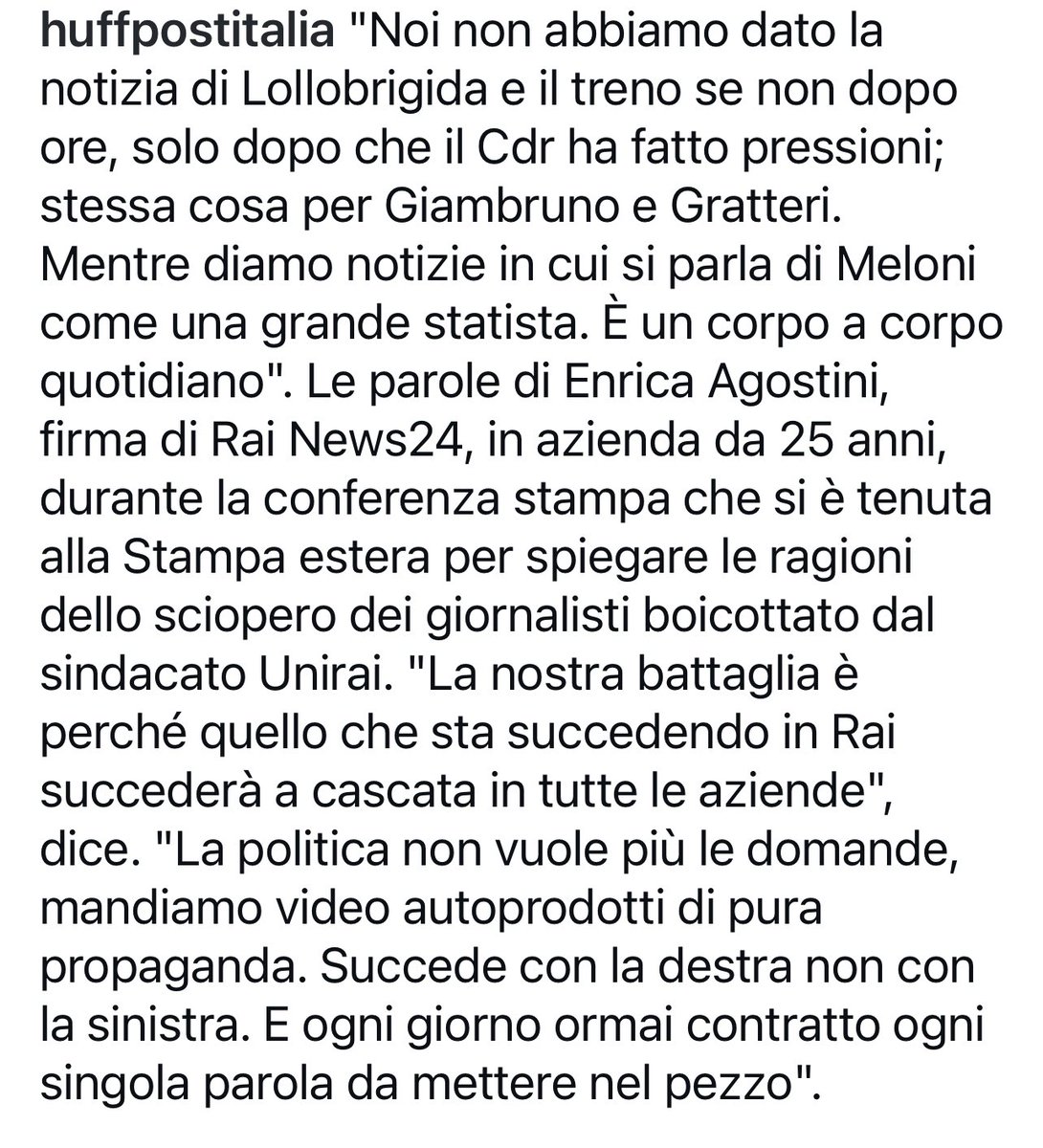 Le@dichiarazioni rese da ⁦@EnricaAgostini⁩ di ⁦@RaiNews⁩ bastano da sole per commentare quanto in Italia la libertà di informazione sia stata interamente soppressa dal Governo ⁦@GiorgiaMeloni⁩ . E non venite a dirmi che con la #sx era lo stesso!