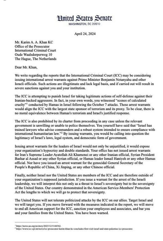 Letter From Elected Officials of the United States to Karim A.A. Khan KC, Office of the Prosecutor, International Criminal Court

lcbackerblog.blogspot.com/2024/05/letter…