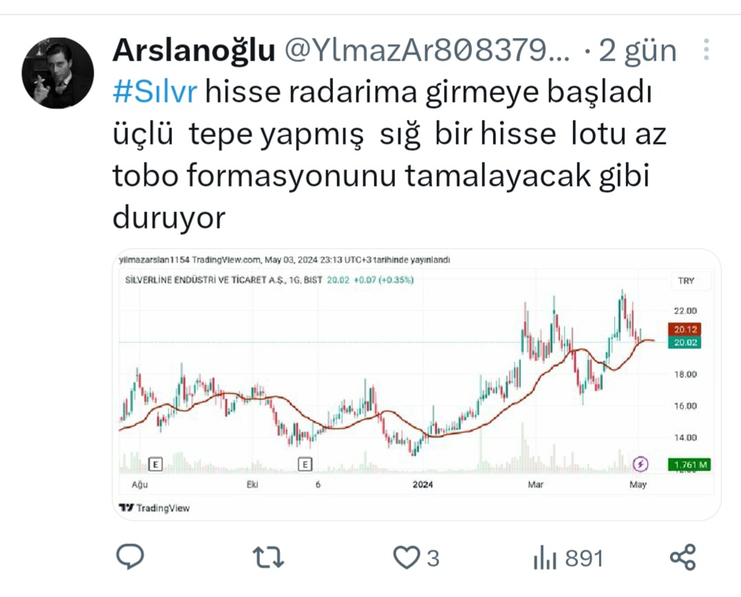 #sılvr bugün  tavan bozdu %6 yükselişle kapadı  durur mu burada öngörüm   tobo formasyonunu tamamlayacaktir bundan once denedigi 23 u tekrar yoklayacaktır .