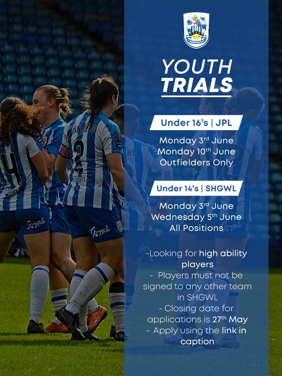 ⚽️ YOUTH TRIALS We have upcoming trials for both our U14 and U16 teams next month. Apply using the link below! 👇 forms.gle/eiXHKEveMVoUs8… #htwfc // #htafc #utt