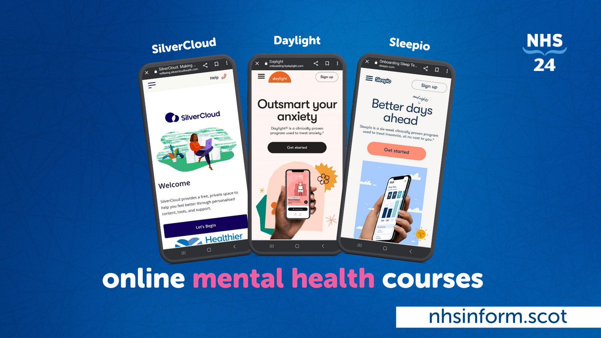 Visit NHS inform to find out more about the free online resources available to improve your mental wellbeing.

☁️SilverCloud - #MentalWellbeing

☀️Daylight - #Anxiety

💤Sleepio - #Insomnia

Find out more: nhs24.info/mental_wellbei…

#NHSinform #MentalHealth #CBT