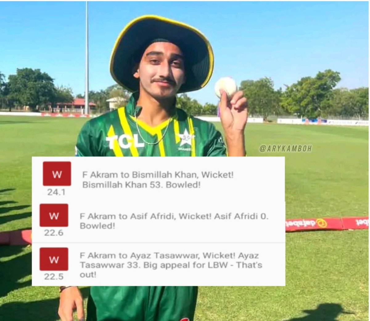 Last 3 Instances when a Pakistani Bowler took a Hat-trick in List-A Cricket: M Ilyas (2018) Asif Afridi (2021) 𝗙𝗮𝗶𝘀𝗮𝗹 𝗔𝗸𝗿𝗮𝗺 (𝗧𝗼𝗱𝗮𝘆)