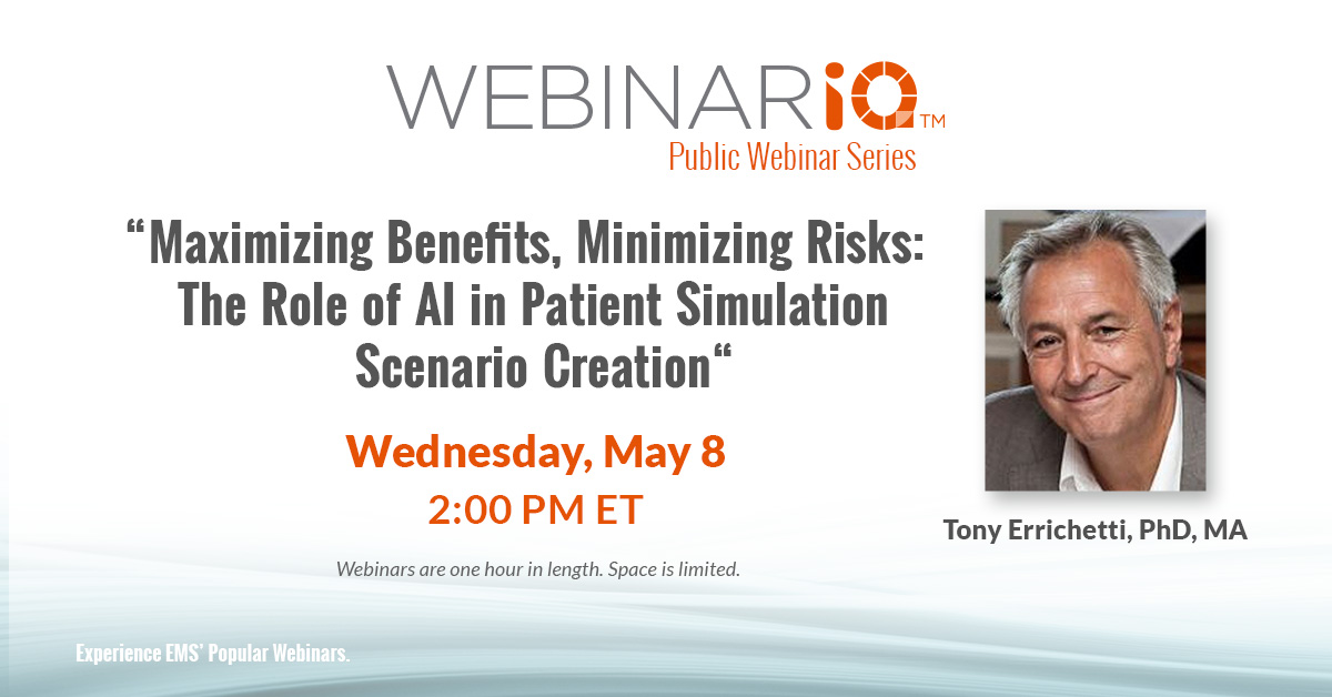 🚨 Webinar Alert >> Join us this Wednesday, May 8 for “Maximizing Benefits, Minimizing Risks: The Role of AI in Patient Simulation Scenario Creation,'  presented by Tony Errichetti, PhD, MA. >> hubs.li/Q02vmqFf0

#HealthcareSimulation #SimulationWebinar #WebinariQ