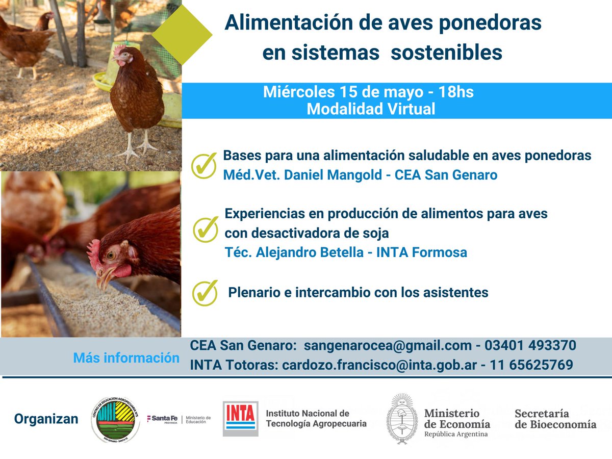 Para agendar ❗ 🐔 Alimentación de aves ponedoras en sistemas sostenibles 💻 Modalidad virtual 🗓 Miércoles 15 de mayo 🕕 18 hs 👉 Link acceso Teams goo.su/KrM6y2 Más información cardozo.francisco@inta.gob.ar sangenarocea@gmail.com