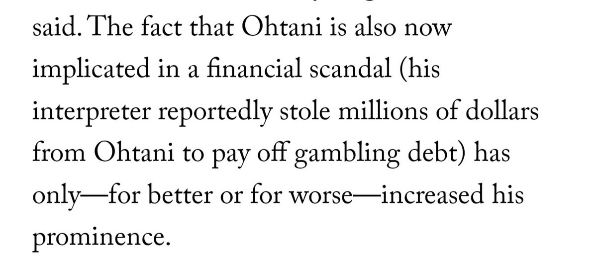 @NewYorker Using 'implicated' here is fairly misleading. Ohtani was cleared by federal investigators. He's a victim. Do better.