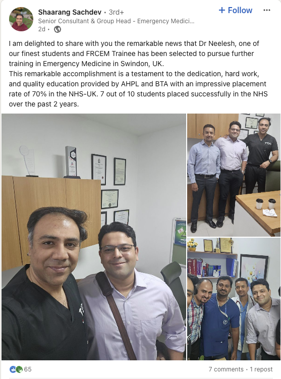 Hats off to Dr. Neelesh for securing a spot in Emergency Medicine training in Swindon, UK! 🌟 Your success shines a light on the quality education provided by AHPL and BTA. Let's keep spreading these success stories far and wide! #BTA #AHPL #NHS #EmergencyMedicine #SuccessStory