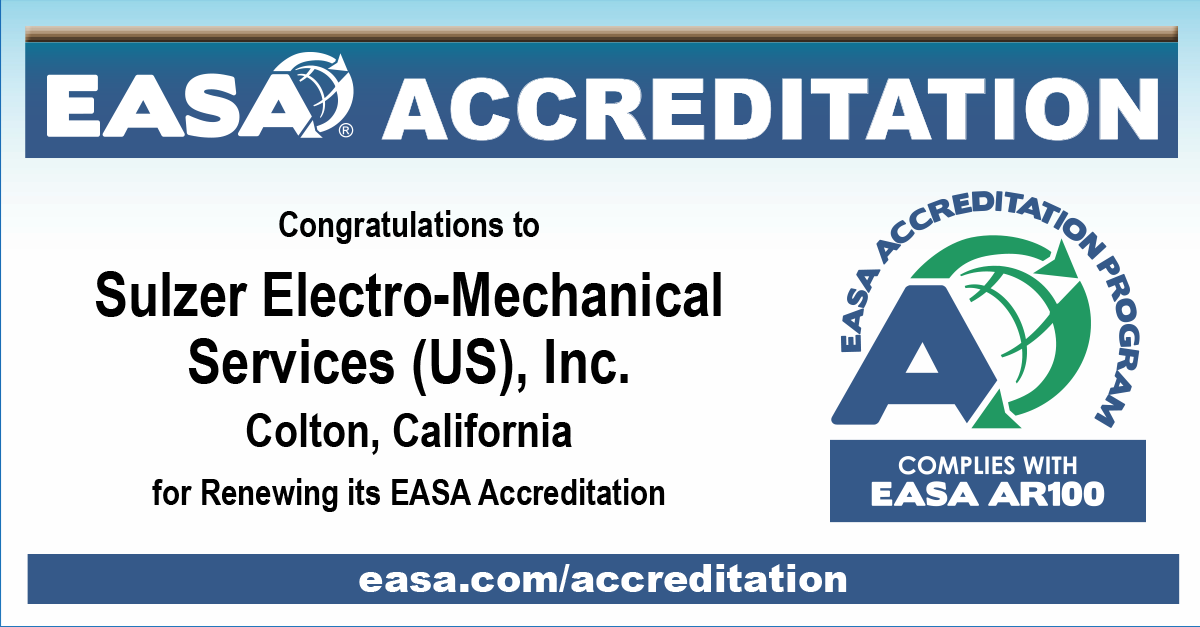 Congratulations to @SulzerLtd for renewing its @easahq Accreditation! @easahq Accreditation showcases this company's commitment to excellence and best practices. Learn more at easa.com/accreditation. #Electromechanical #EASA #Accreditation #ElectricMotors #PowerGrid