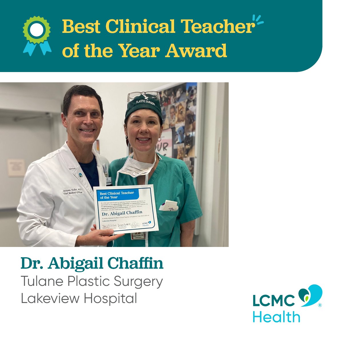 @EJHospital @LCMCHealth @RobinMcGoey @TulaneMedicine @TulaneCardio @LakesideLCMC @tulaneobgyn @TulaneObGynRes Big kudos to Dr. Chaffin on being chosen by residents & fellows as the 2023-2024 Best Clinical Teacher @LakeviewLCMC! You are a beacon leading the way for @LCMCHealth learners, physicians, & other healthcare team members. Congratulations! 🥳