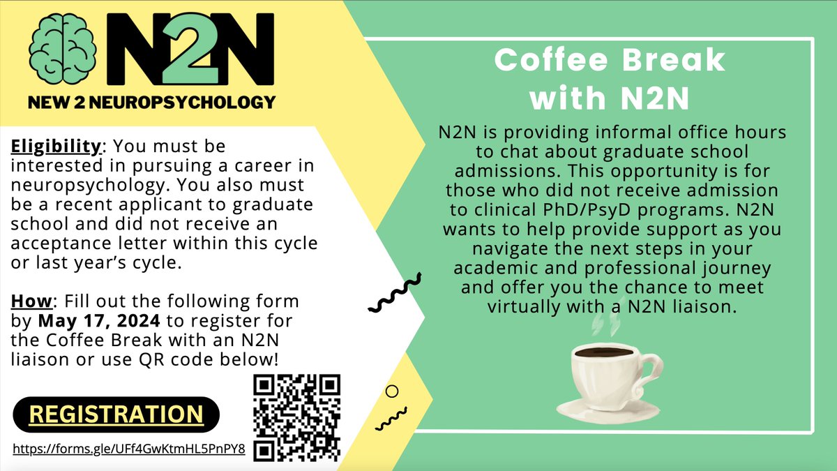 Looking for support post-application cycle? N2N is offering informal office hours to chat about graduate school admissions. 💬 Join a liaison for a Coffee Break with N2N! ☕️ Register by May 17th! ⬇️ forms.gle/UFf4GwKtmHL5Pn…