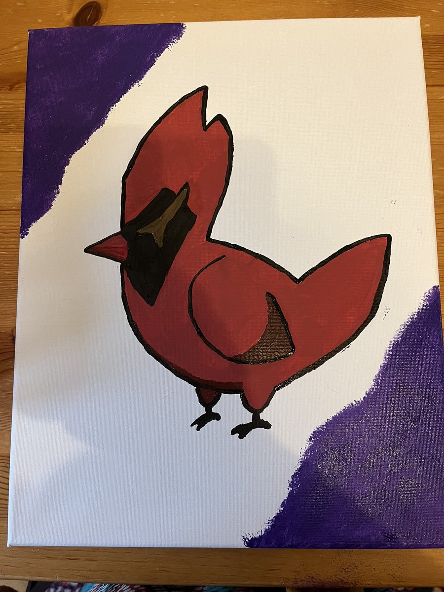 I am not arty. But today I sat and painted to try and soothe my soul. I made this for my daughter and can't actually believe I did it! AltText: Red bird, Flapjack from The Owl House, on a canvas with purple edging top left and bottom right.