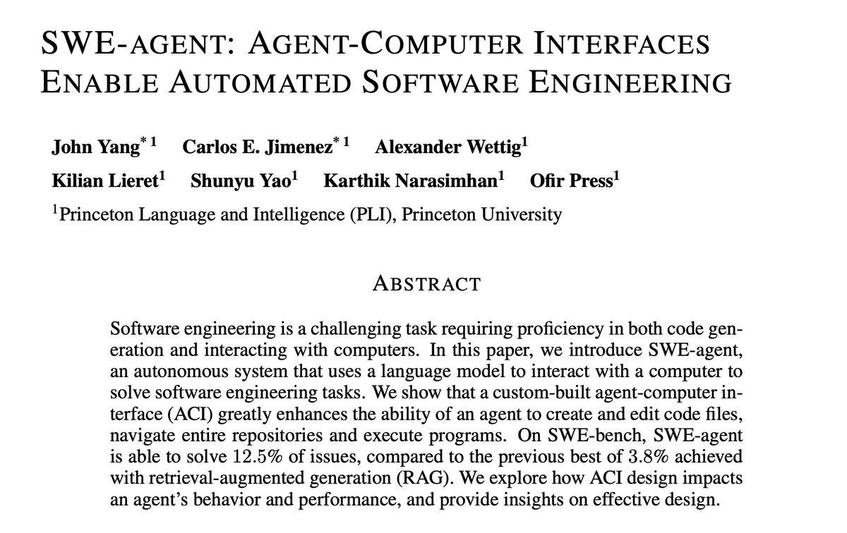 The SWE-agent preprint has finally landed! Check it out at swe-agent.com/paper.pdf