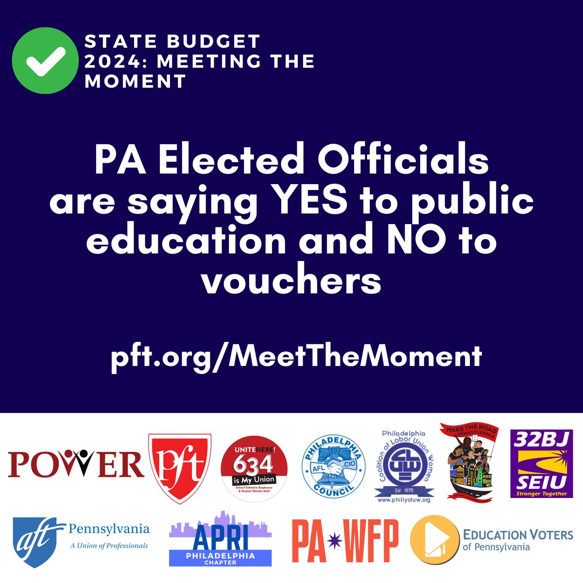 Elected officials across Pennsylvania are signing on to say YES to public education and NO to vouchers. 🧵below just a few of our allies who have signed on so far! Check back for additional graphics, and visit pft.org/MeetTheMoment for a full list of sign-ons. #phled