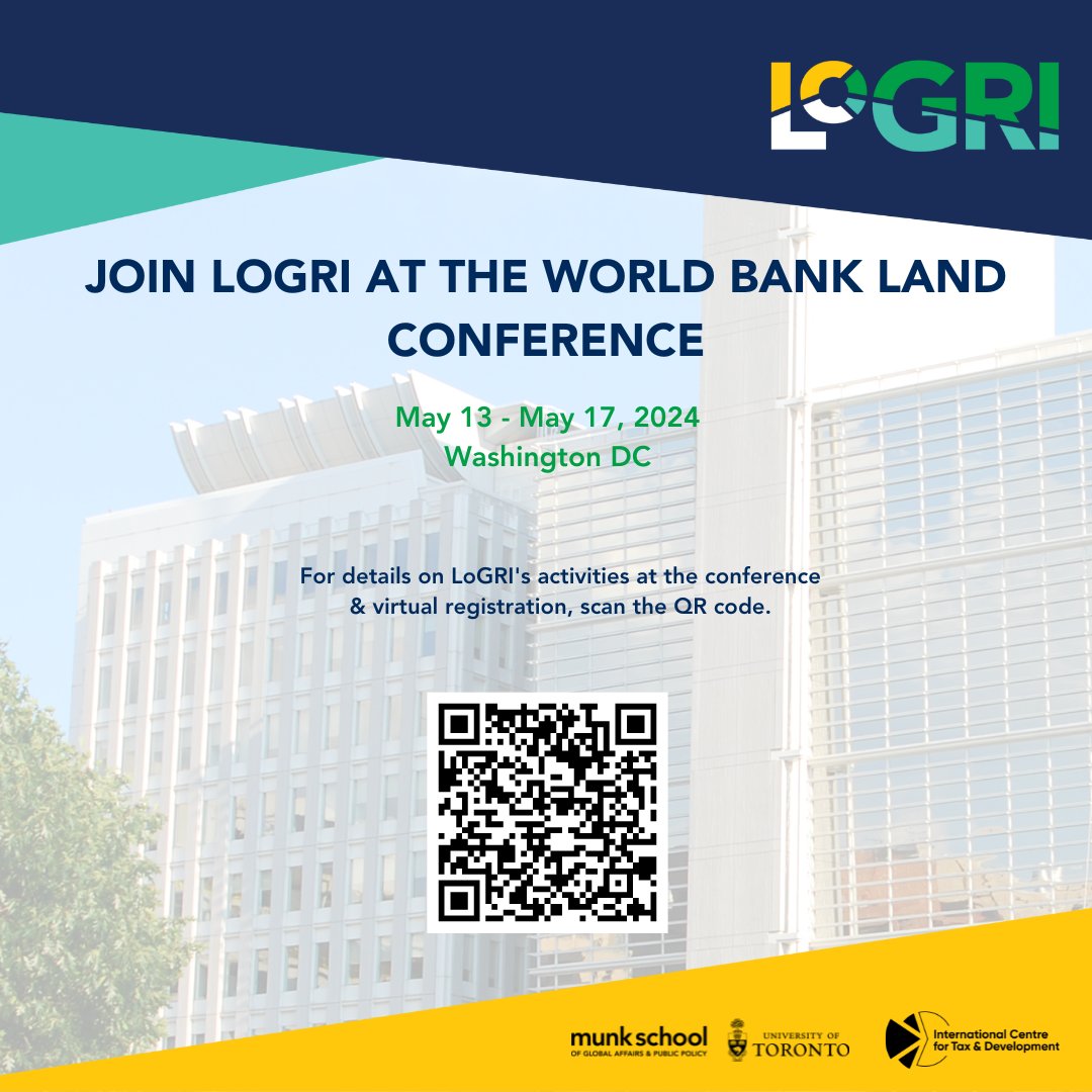 🌍Exciting news!

LoGRI will be at the World Bank Land Conference 2024, May 13-17 in Washington DC!

Our team's sessions & panel discussion are a must-attend. Register for virtual attendance or catch us live if you're at the conference!

#LoGRI #landconf2024 #Tax4Dev #PropertyTax