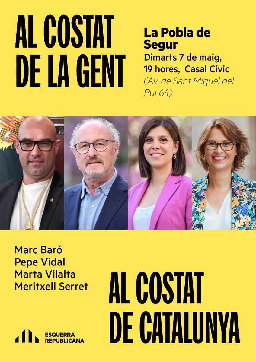 📌 NO T'HO PERDIS‼️

🟡 ACTE a #LaPoblaDeSegur

📆 Dimarts, 7 de maig
🕗 A les 19:00H
📌 Al Centre Cívic

👉 Amb 🗣 l'alcalde de La Pobla de Segur @cram477, el candidat Pepe Vidal, @BringueJosep, la candidata @martavilaltat i la Consellera @MeritxellSerret

T'hi esperem!! 😉