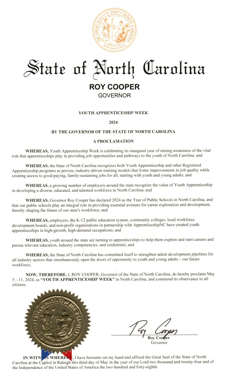 Governor Cooper has proclaimed May 5-11 as 'Youth #Apprenticeship Week' for the first time!  Find out more about what's going on nationwide at apprenticeship.gov/youth-apprenti…
#YAW2024 #WorkBasedLearning #FirstInTalent